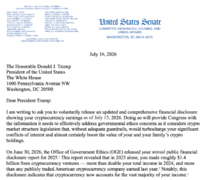 Warren Demands Trump Crypto Disclosures
