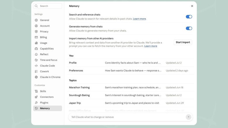 Screenshot of Claude's memory settings screen