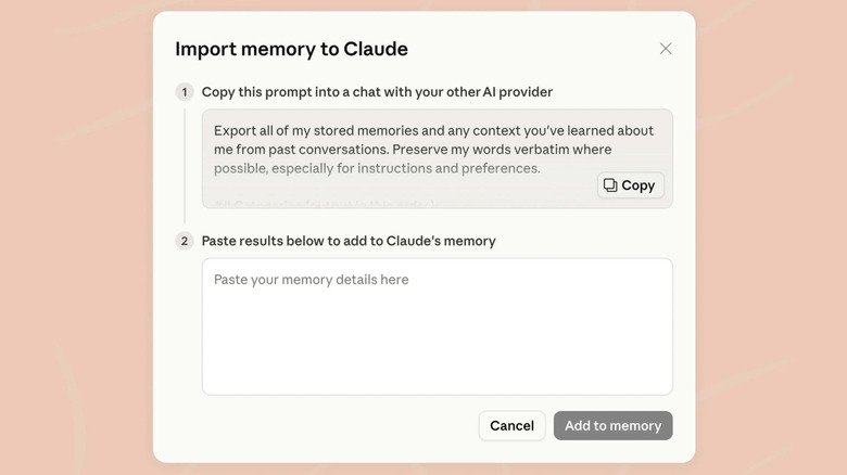 Screnshot of Claude's chat memory import tool
