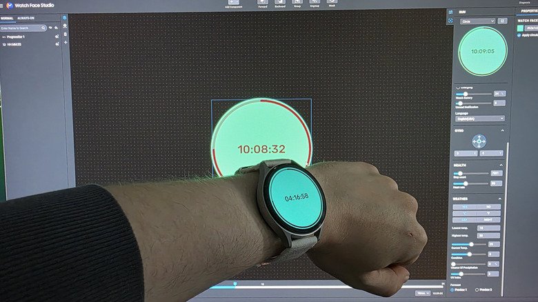 A custom watch face installed on Galaxy Watch7 held up in front of a screen with the same design loaded in Watch Face Studio