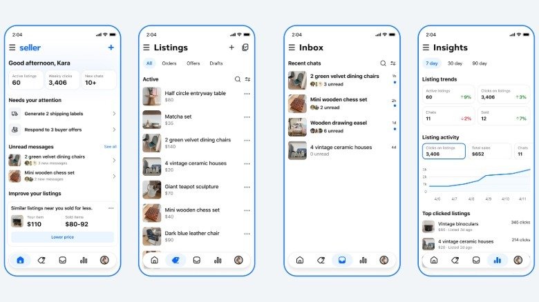 A screengrab showing new screens for the Seller Facebook Marketplace app