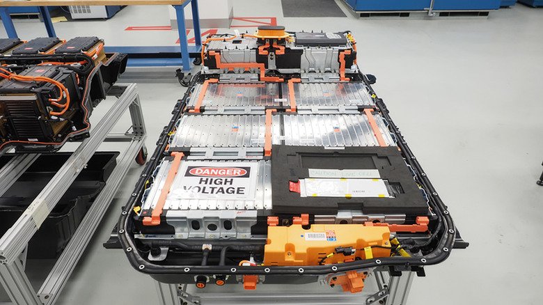 EV batteries in a factory. 