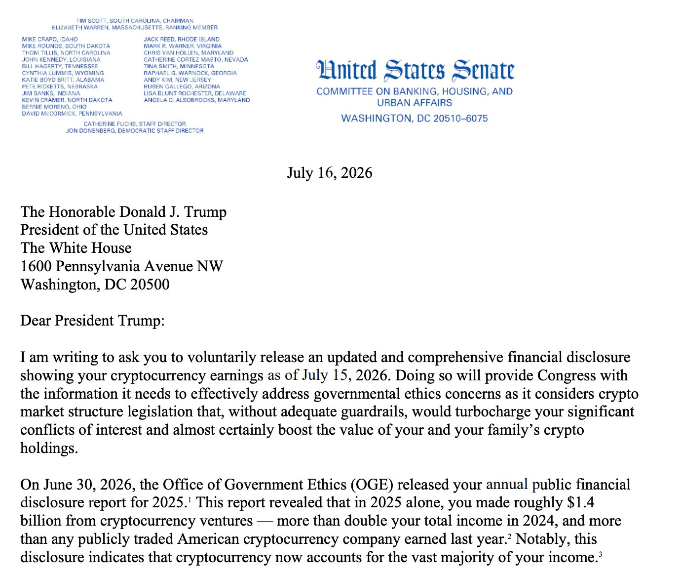 Elizabeth Warren Demands Early Crypto Disclosures From Trump Amid CLARITY Act Debate 2 screenshot 2026 07 17 at 102929 am