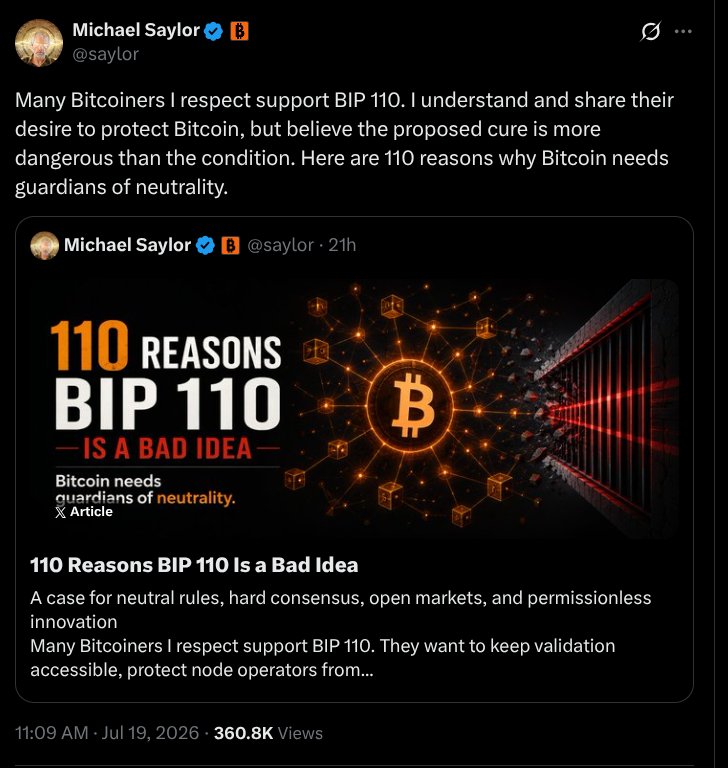 Michael Saylor Opposes BIP-110, Outlining 110 Reasons Against Bitcoin Fork Proposal 2 screenshot 2026 07 19 60852 pm