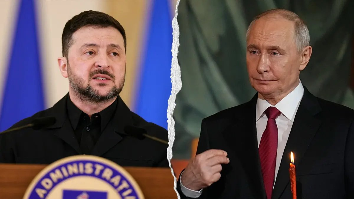 Ukraine Investigates Over 5,000 Russian Drone Attacks on Civilians in Kherson 3 A composite image of Ukrainian President Volodymyr Zelenskyy speaking at a podium split with Russian President Vladimir Putin crosses himself at Orthodox Easter service