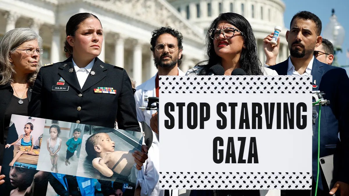State Department Says UNICEF Report Refutes Gaza Starvation Allegations Against Israel 2 Michigan Rep. Rashida Tlaib stands with a crowd of pro-Palestinian activists outside the U.S. Capitol in Washington, D.C.