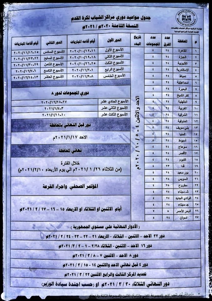 الشباب والرياضة تعلن جدول دوري مراكز الشباب النسخة الثامنة