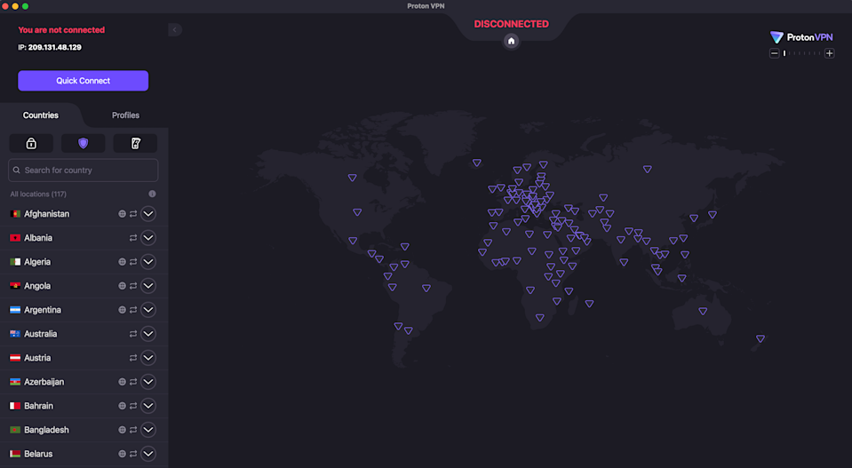 Proton VPN Mac interface