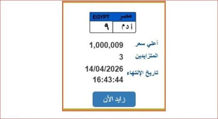 مليون جنيه ثمن اللوحة المعدنية «أ د م 9» بمزاد بوابة المرور 1 مزاد اللوحات المعدنية