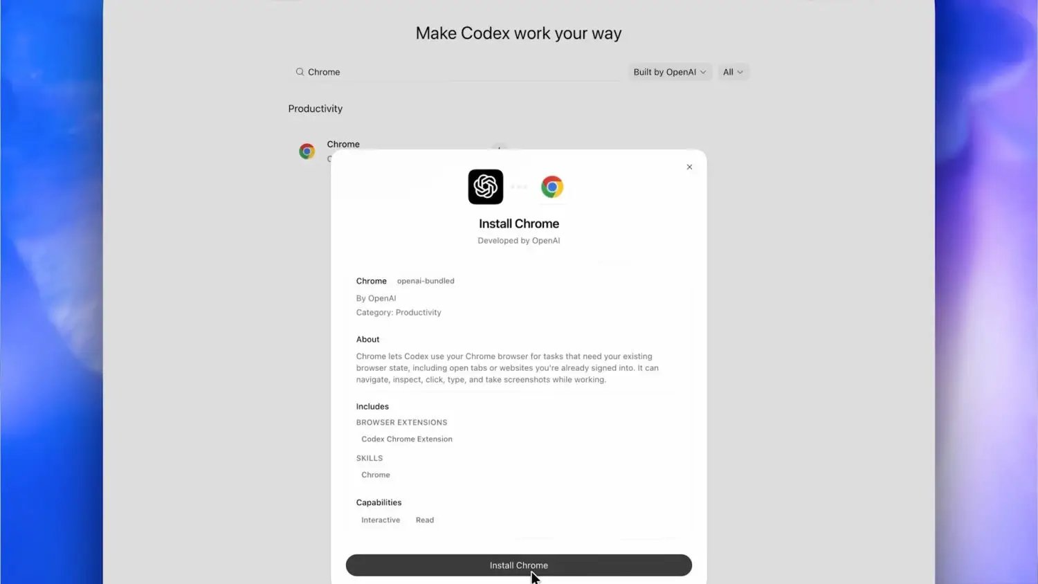 Codex داخل متصفح كروم