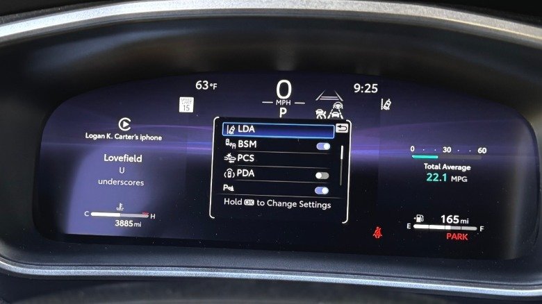A close-up shot of the digital driver's display with the ADAS menu up showing how confusing it can be
