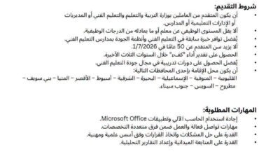 مأموريات شهرية لقيادة التغيير.. التعليم تفتح باب الرقابة على مدارس التكنولوجيا التطبيقية 4 وظائف التكنولوجيا التطبيقية 2026
