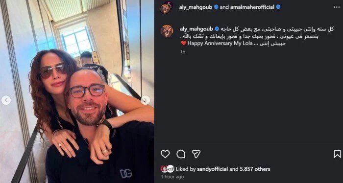 بعد عام من الخصوصية.. علي محجوب يوثق محطة زواجه الأولى من آمال ماهر 1 احتفال آمال ماهر وعلي محجوب