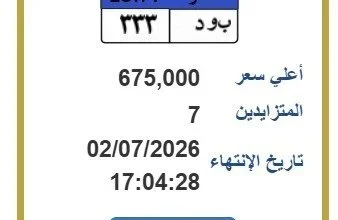 ب و د 33 تشعل سباق المزايدات الإلكترونية في مصر بـ 675 ألف جنيه 22 مزاد لوحة ب و د 33