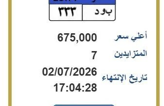 ب و د 33 تشعل سباق المزايدات الإلكترونية في مصر بـ 675 ألف جنيه 1 مزاد لوحة ب و د 33