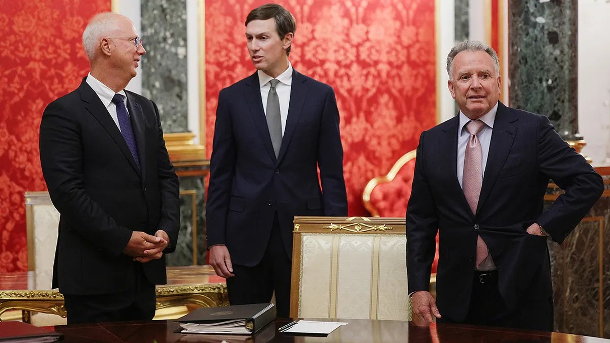 U.S. President Donald Trump's envoys Steve Witkoff, right, Jared Kushner, center, and Presidential Envoy Kirill Dmitriev stand prior to talks at the Senate Palace of the Kremlin in Moscow, on Saturday, Sept. 5, 2026. (Gavriil Grigorov/Sputnik/Kremlin Pool Photo via AP)