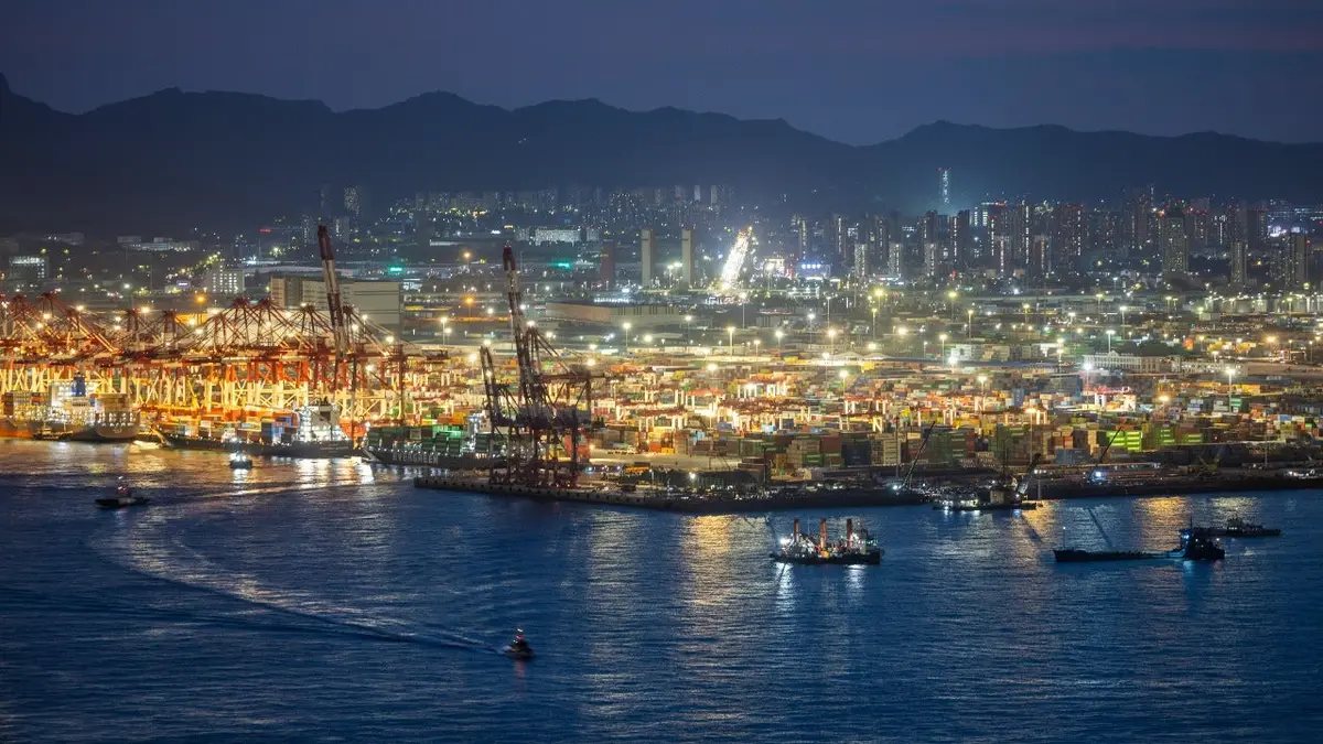 Aerial view of illuminated Qingdao Qianwan Container Terminal