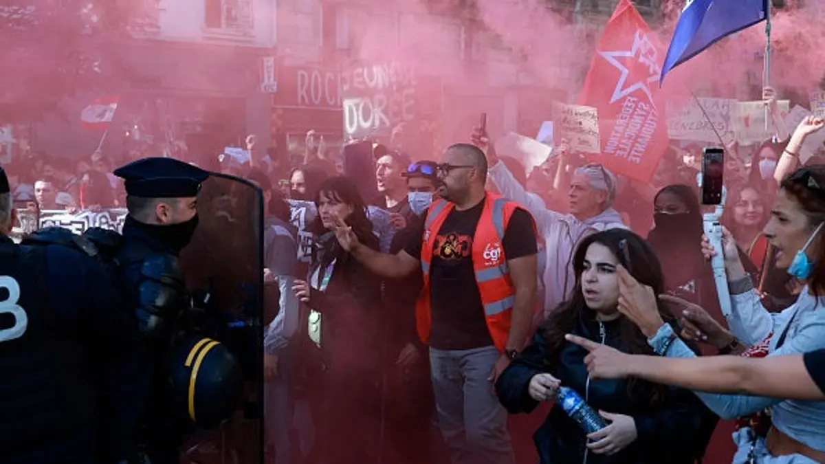 Protesters march toward the Place de la Bastille in Paris.