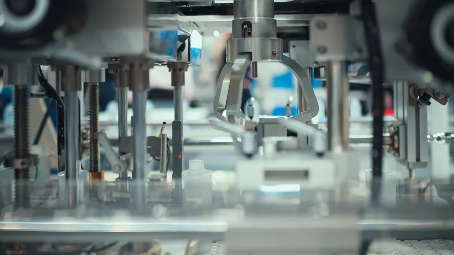 Close-up of a robotic arm or automated system precisely manipulating tiny components