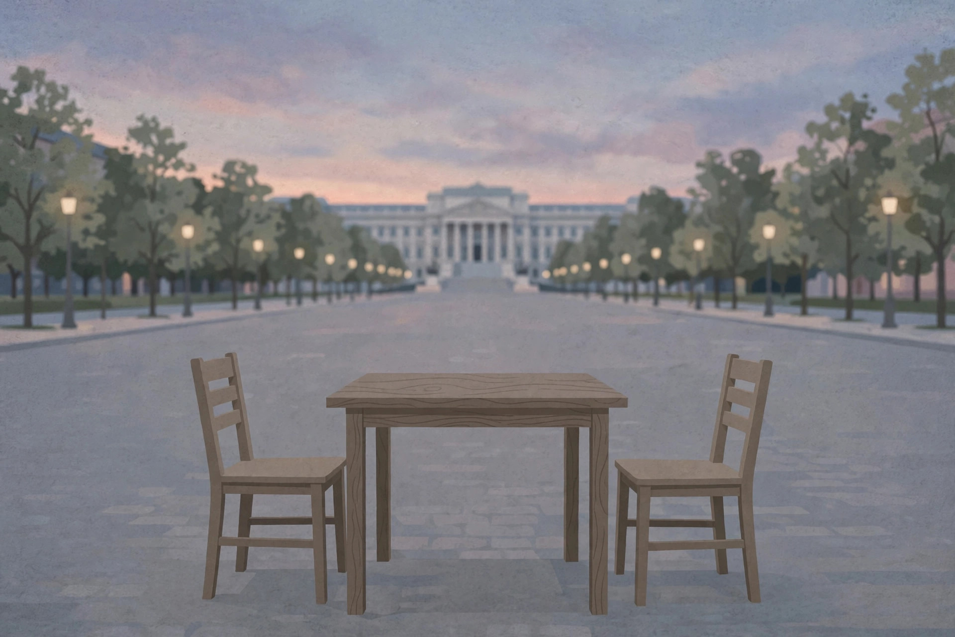 An empty table and chairs on a city boulevard