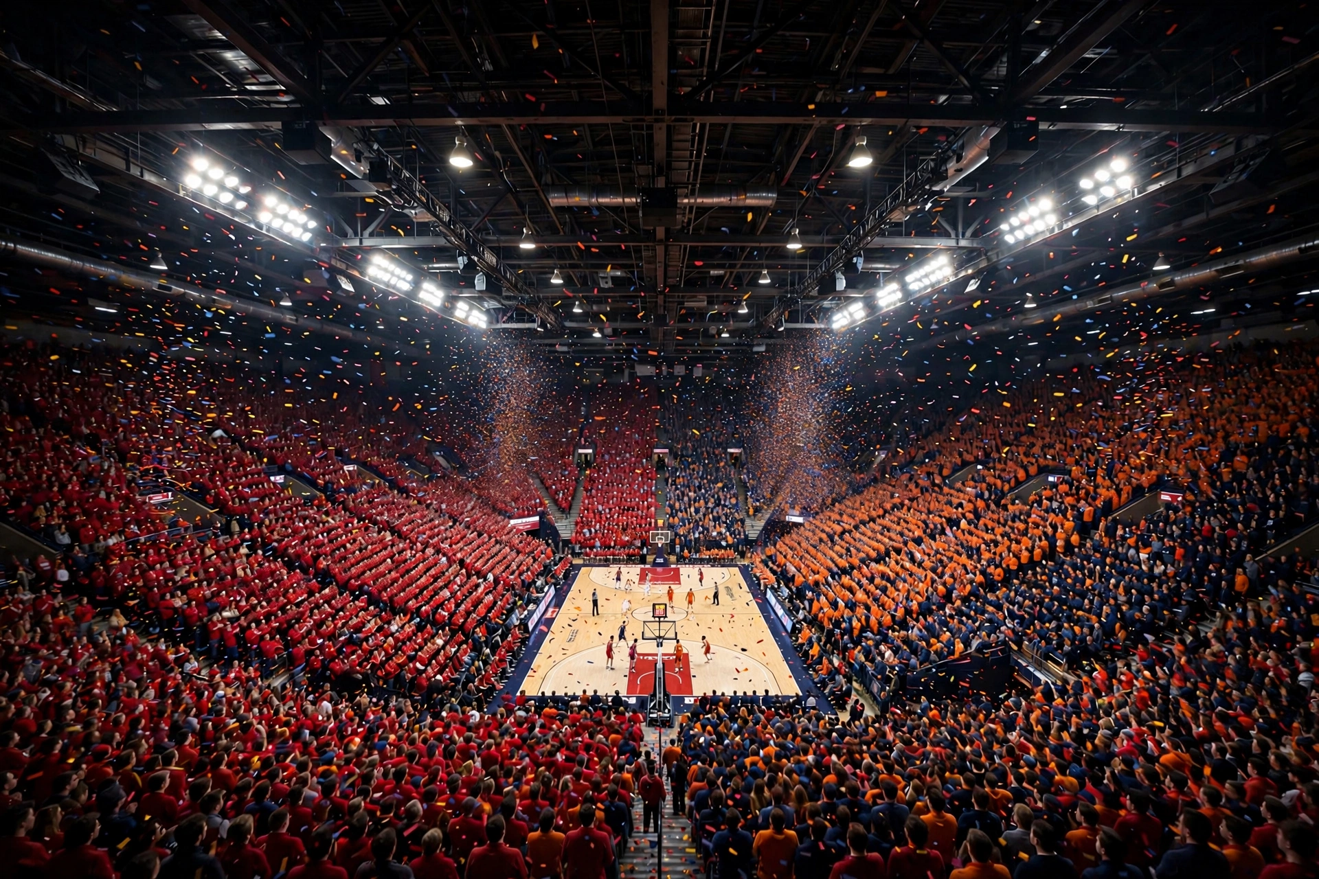 Packed college basketball arena at night, the crowd split between crimson and orange