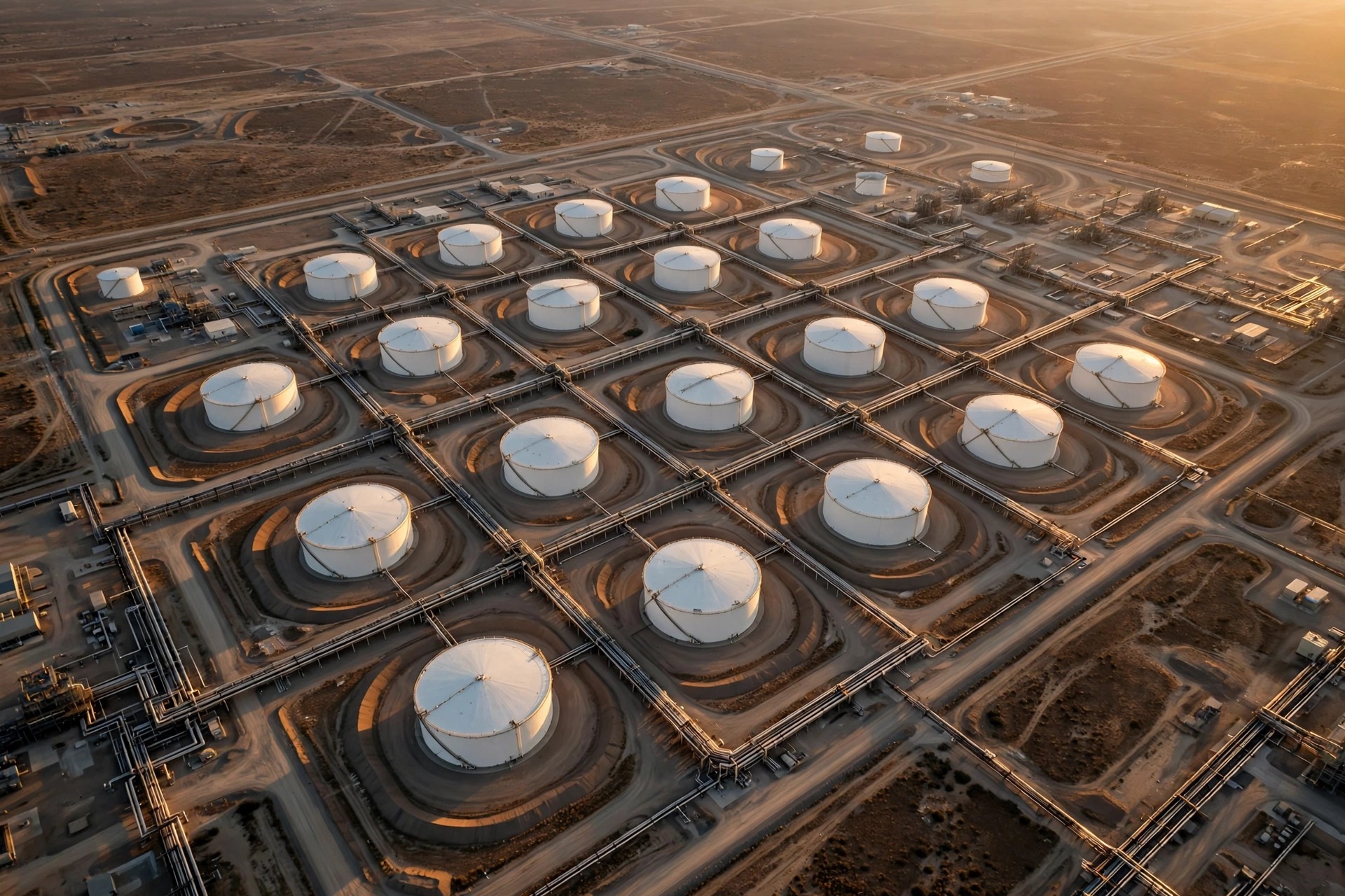Aerial view of crude oil storage tanks at dusk