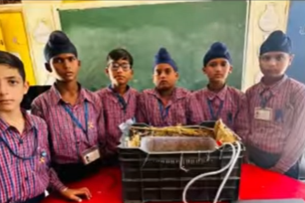 A clay-pot evaporative cooler built by students at Bluebells School International, New Delhi