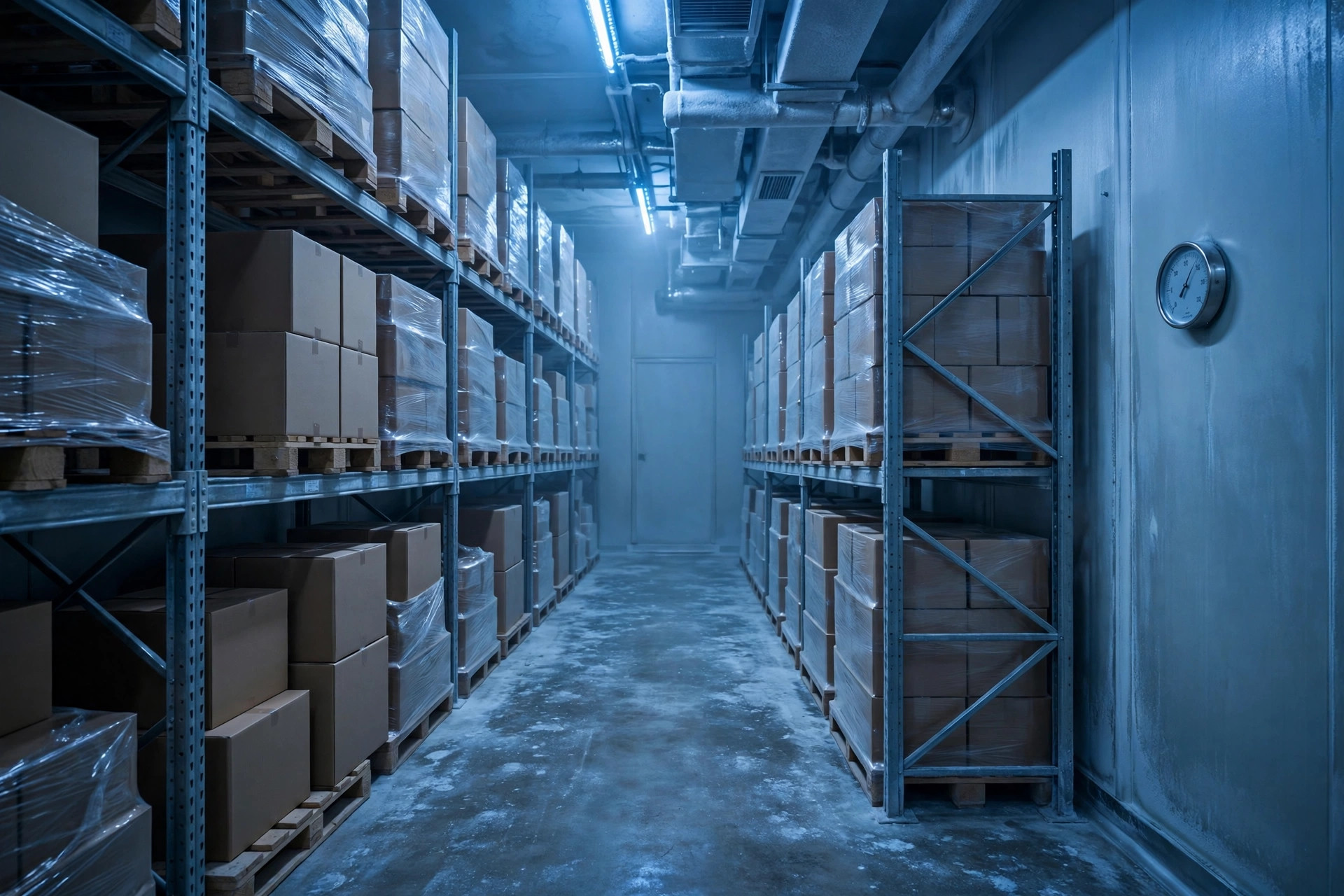 Industrial cold-storage warehouse aisle with stacked pallets and a wall thermometer