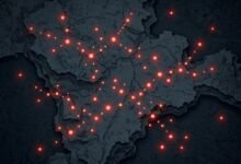 Abstract illustration of scattered transmission chains over a dark map