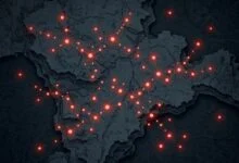 Abstract illustration of scattered transmission chains over a dark map