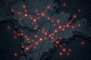 Abstract illustration of scattered transmission chains over a dark map