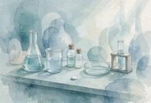 A laboratory bench with glass vessels and a single white tablet