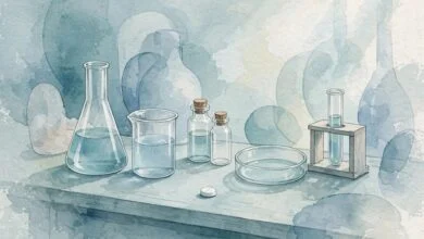 A laboratory bench with glass vessels and a single white tablet