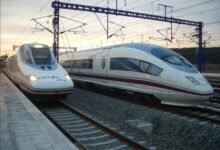Two Renfe AVE high-speed trains at a station in Spain, file photo