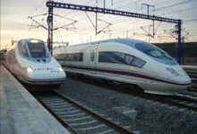 Two Renfe AVE high-speed trains at a station in Spain, file photo