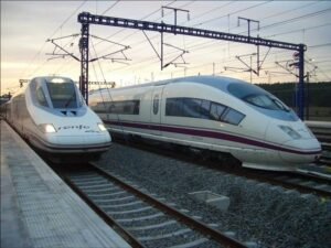 Two Renfe AVE high-speed trains at a station in Spain, file photo