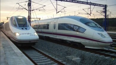 Two Renfe AVE high-speed trains at a station in Spain, file photo