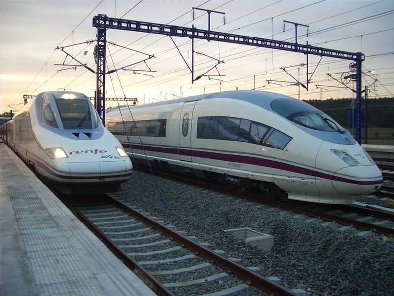 Two Renfe AVE high-speed trains at a station in Spain, file photo