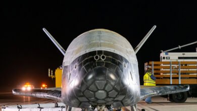 The U.S. Space Force X-37B spaceplane on a runway after landing at Vandenberg Space Force Base on March 7, 2025