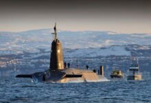 HMS Vanguard submarine returning to Faslane naval base in Scotland