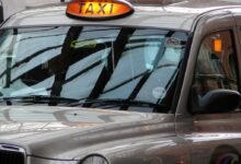 FOR HIRE signage on a London hackney carriage at Marylebone station