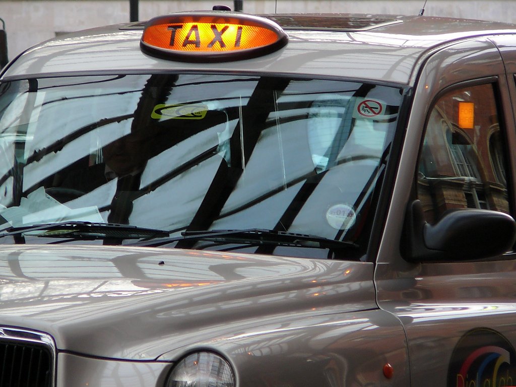 FOR HIRE signage on a London hackney carriage at Marylebone station