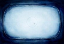 Empty ice hockey rink with a single puck at centre ice, illustration