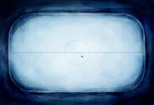 Empty ice hockey rink with a single puck at centre ice, illustration
