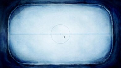 Empty ice hockey rink with a single puck at centre ice, illustration