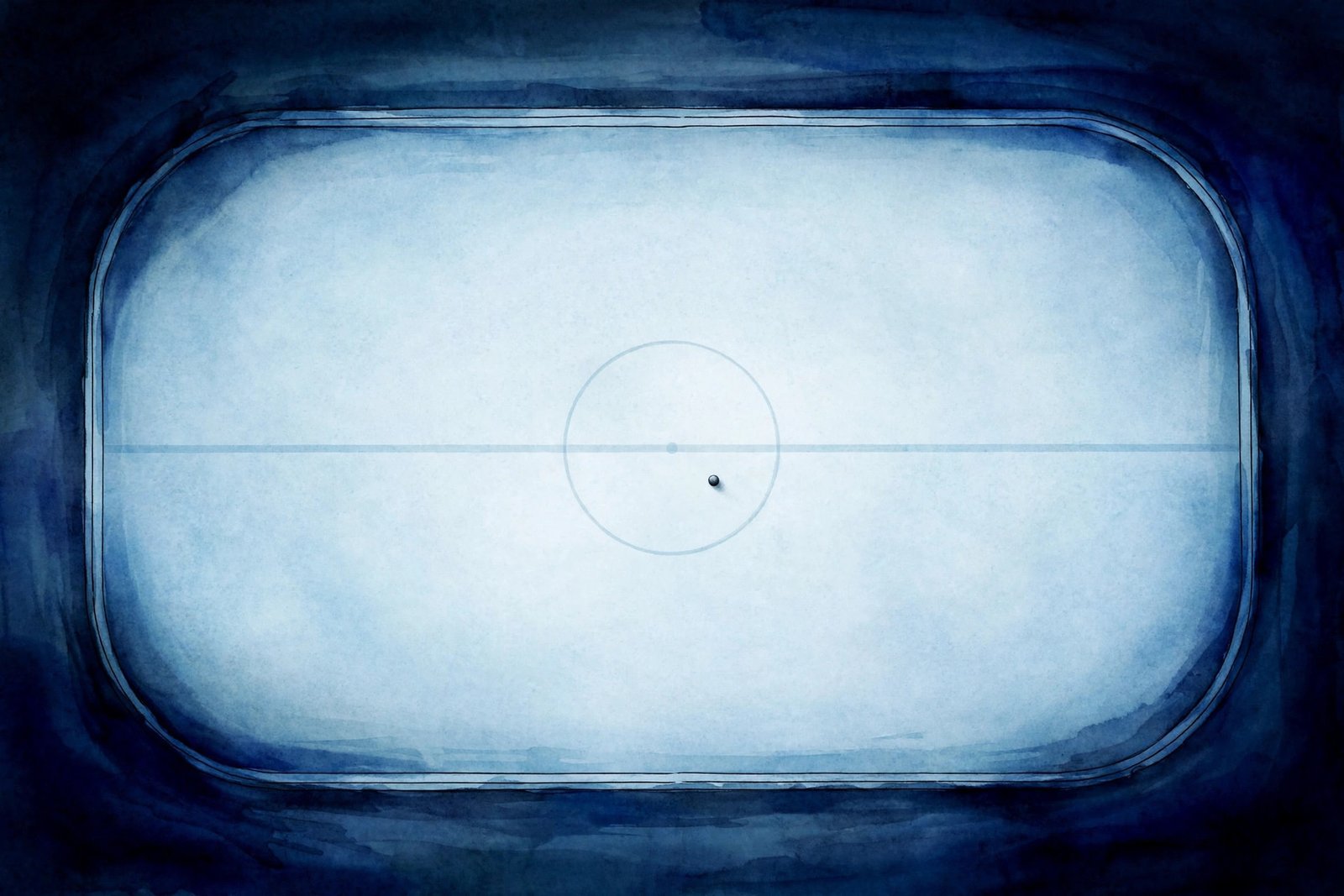 Empty ice hockey rink with a single puck at centre ice, illustration