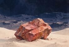 Rose-coloured rock fragment illustration on desert sand with cratered Martian highlands behind