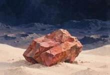 Rose-coloured rock fragment illustration on desert sand with cratered Martian highlands behind