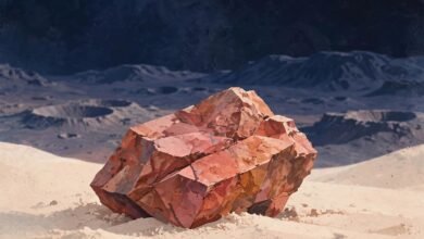 Rose-coloured rock fragment illustration on desert sand with cratered Martian highlands behind