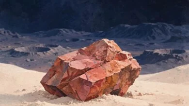 Rose-coloured rock fragment illustration on desert sand with cratered Martian highlands behind